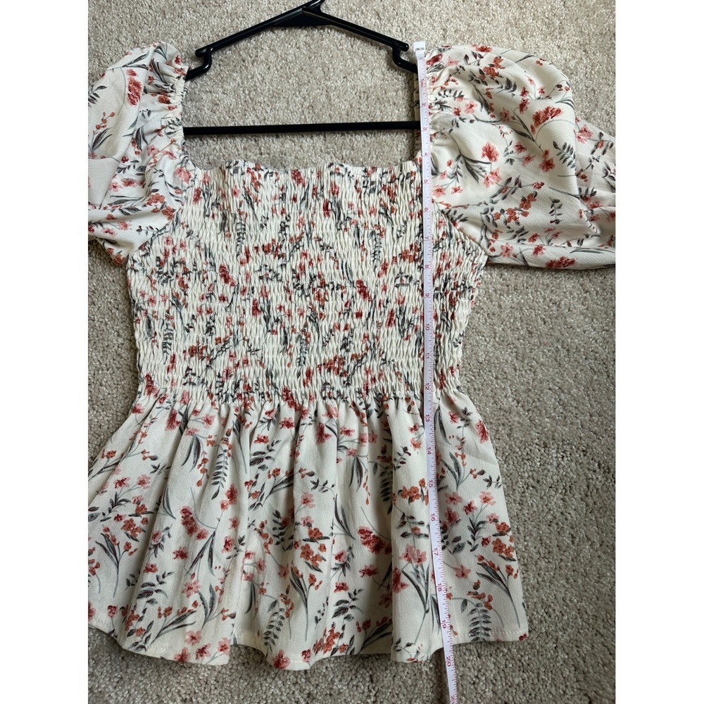 Loness Floral Smocked Peplum Top Square Neck Puff‎ Sleeve Blouse XS - Picture 5 of 5